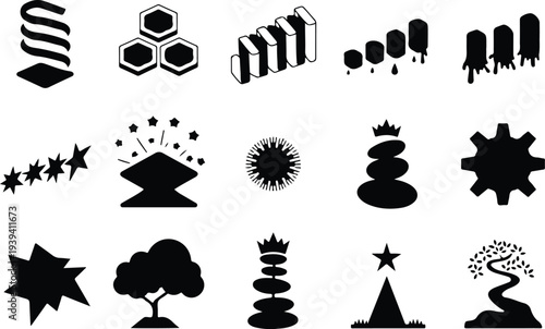 Set of 16 abstract icons vector, black on white background