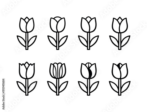 Collection of simple line art tulip icons in various styles on a white background
