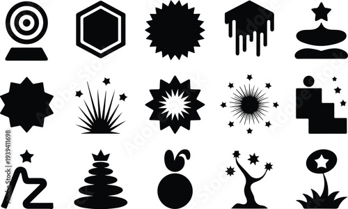 Set of 16 black star and explosion icons vector