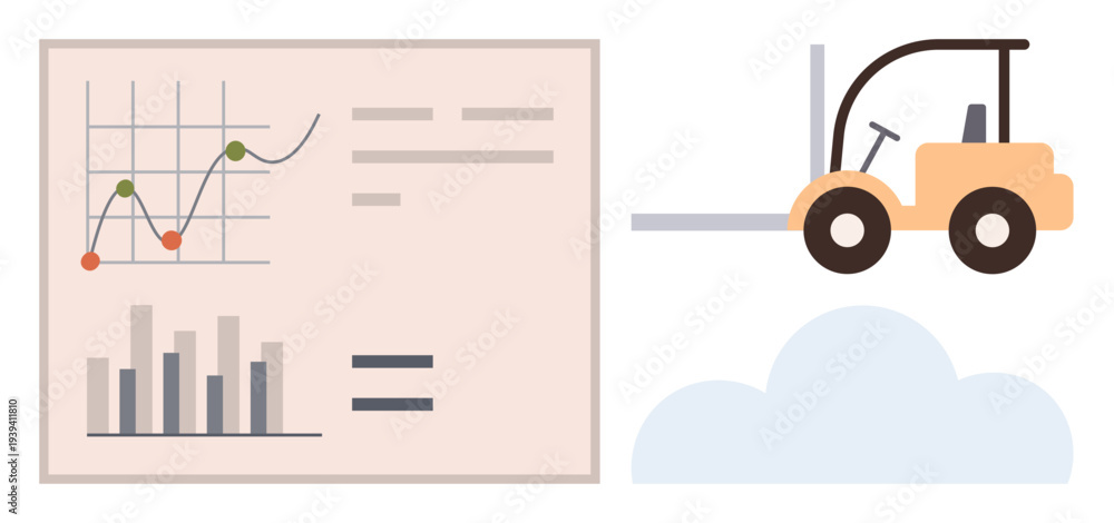 Obraz premium Business strategy, logistics management, data analytics, supply chain, growth, efficiency. Graph with data points and forklift icon. Business strategy and logistics management concept