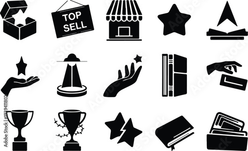 Set of 16 black award and success icons vector