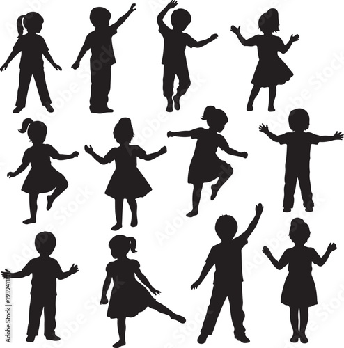 Children playing and dancing silhouette. Male and female kid activity. Good use for symbol, logo, web icon, mascot, sticker design, or any design you want