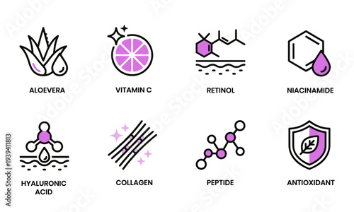 Modern Skincare and Dermatology Icons Set. Cosmetic Beauty Ingredients Icons Vector Illustration