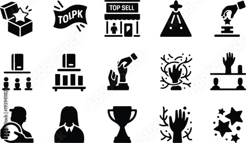 Set of 16 business icons vector, black on white background