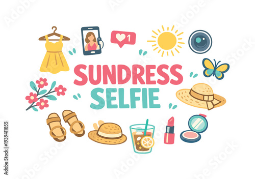 Sundress selfie concept with summer fashion and beauty icons