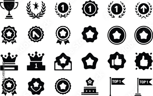 Set of 20 achievement icons vector, black on white background