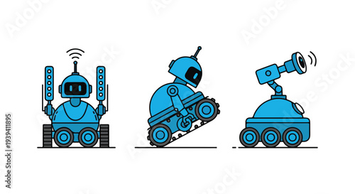 Three blue cartoon robots with different attachments on a clean white background, showcasing various robotic designs and tools in a simple graphic illustration.