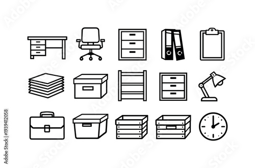 Collection of office supplies and furniture icons in a clean, minimalist line art style