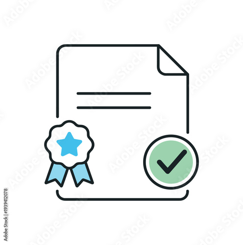 Certificate with star ribbon and checkmark icon, representing approval and achievement