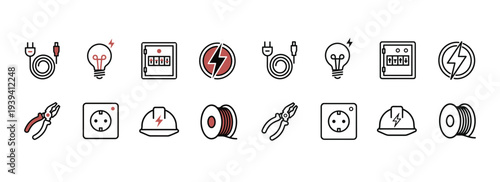Electric Tools Icons Set of 8. Power Tools Repair Equipment Line and Fill Icons Vector Illustration