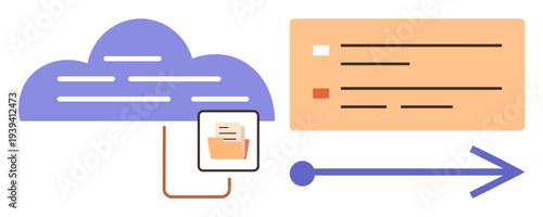 Data sharing, cloud storage, digital files, technology, cloud computing, information security. Cloud icon with connected folder and arrow pointing to a data table. Data sharing and cloud storage