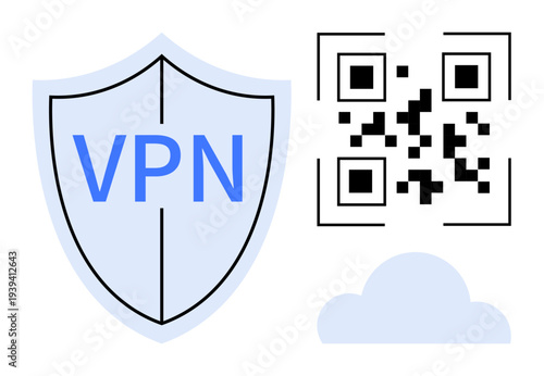 Cybersecurity, data protection, cloud storage, digital security, private networks, technology. A shield labeled VPN, a QR code and a cloud. Cybersecurity and data protection concepts