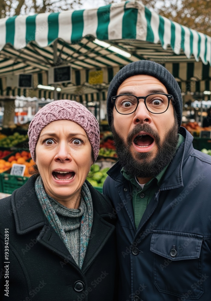 Fototapeta premium Couple With Shocked Facial Expressions Standing At Outdoor Farmers Market