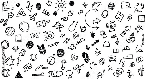 A collection of various black and white line drawing symbols and icons on a plain white background for design use