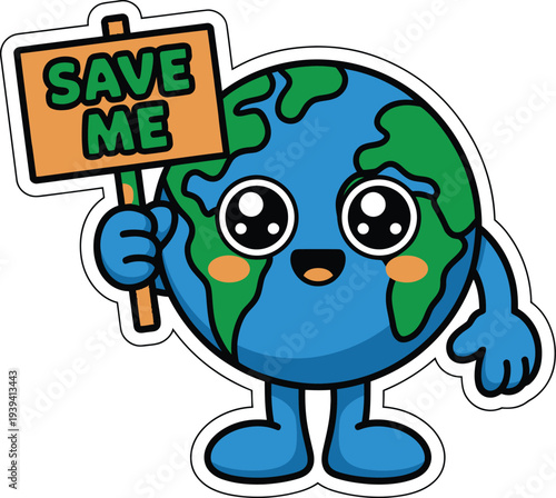 Kawaii Earth Globe Cartoon Mascot Sticker Holding Save Me Protest Sign for Climate Change Awareness and Environmental Activism