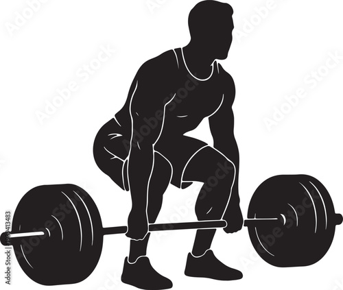 Minimalist black silhouette illustration of a muscular man performing a barbell deadlift for fitness and bodybuilding design