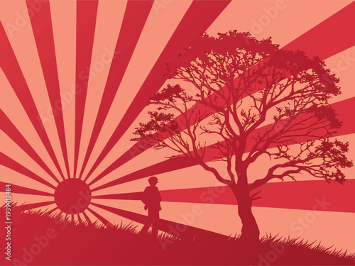 Abstract Red Sunburst Landscape with Tree and Person Silhouette on Grassy Hill