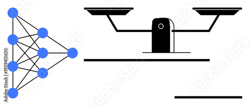Artificial intelligence, machine learning, data processing, decision-making, technology, balance. Neural network connected points and weighing scale showcase AI and decision-making concepts