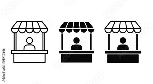 Graphic illustration of three simple market stall icons with awnings and silhouetted vendors against a clean white background.