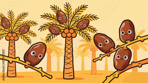 Bright tropical seamless pattern with coconut trees and beach scenery in a warm summer color palette. Ideal for summer branding, vacation themes, and tropical textile design.