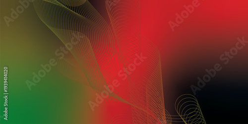 Flowing red, green, and black glowing ribbons twisting over a dark, moody background sprinkled with tiny sparkling particles, futuristic digital technology scene, vector style.