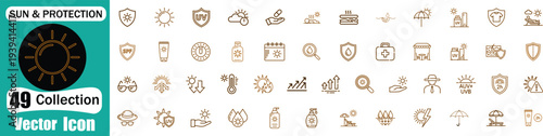Sun protection and summer skincare line icons. UV index, sunscreen, solar energy and outdoor heat safety symbols.