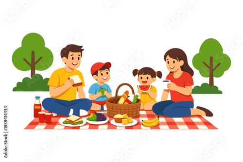 Happy family enjoying picnic outdoors with food and drinks.