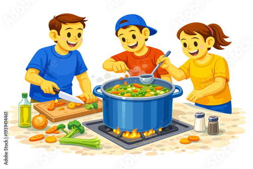 Children cooking together around a pot - young caucasian boys and girl preparing a meal.