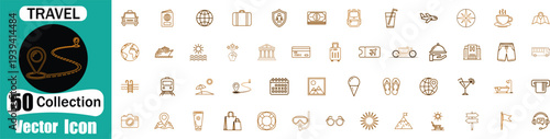 Travel and tourism destination line icons set. Vacation, transport, luggage and international trip planning symbols.