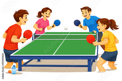 Young caucasian friends playing table tennis excitedly indoors.