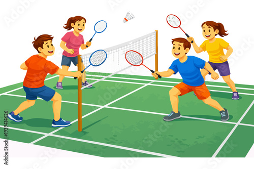 Young friends playing badminton outdoors on a sunny day.