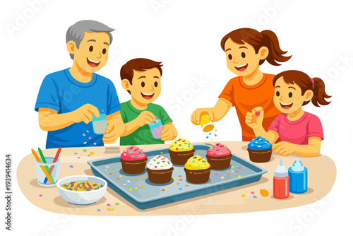Diverse family decorating cupcakes together: enjoyment, bonding, creativity, happiness, baking.