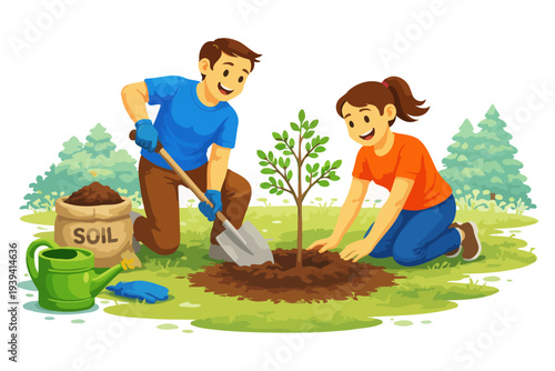 Young caucasian adults gardening together: planting tree in park with tools and soil.