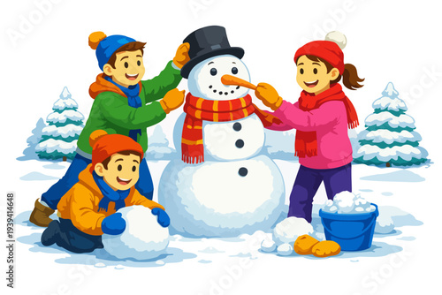 Children building snowman in winter landscape with smiles and snowy trees.