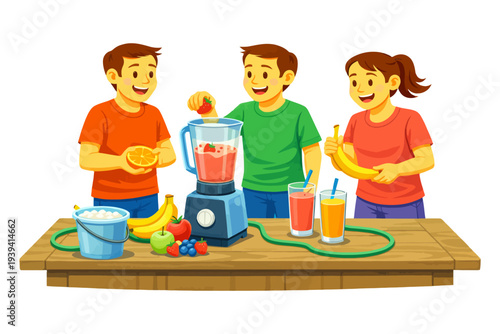 Children making smoothies with fruits and blender on wooden table.