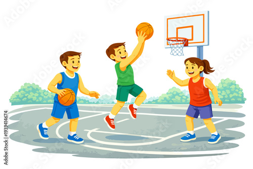 Children playing basketball outdoors: energetic and fun scene with friends.