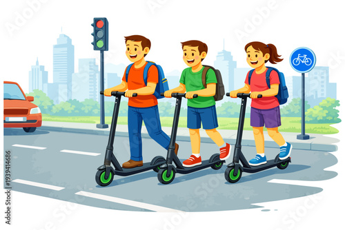 Group of young diverse friends riding electric scooters in urban cityscape.