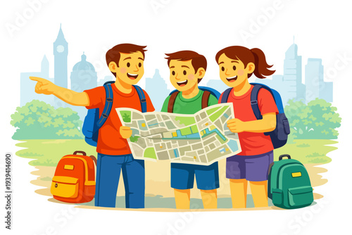 Young caucasian teens exploring city park with map and backpacks.