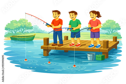 Children fishing on a dock with fishing poles and bobbers in a serene lake.