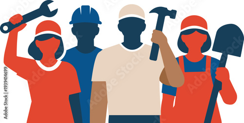 Construction Workers Holding Tools Flat Vector Illustration.
