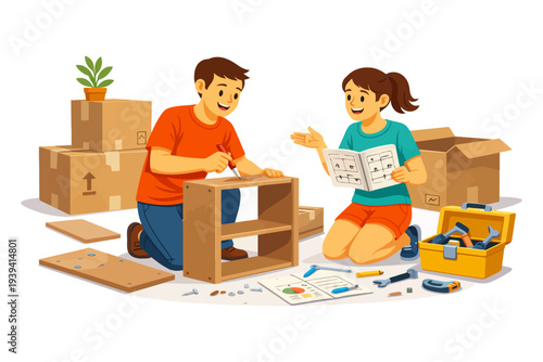Young caucasian couple assembling furniture with instructions and tools.
