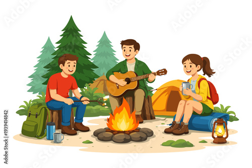 Young friends camping: playing guitar, roasting marshmallows, and enjoying nature.