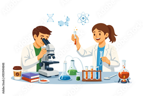 Young caucasian scientists conduct experiments with lab equipment and chemicals.