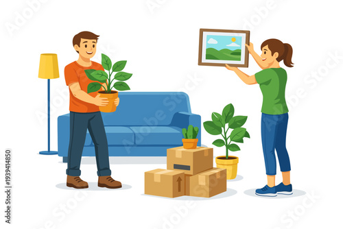 Couple arranging home decor with plants and picture in living room.