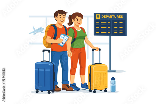 Young caucasian male and female travelers at airport departure with luggage and boarding passes.