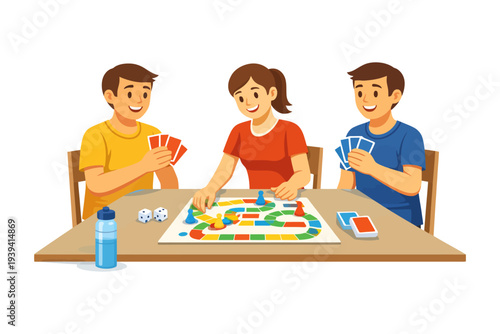 Young caucasian adults playing board game with cards and dice on table.