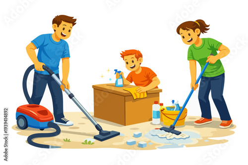 Family cleaning together: young parents and child doing chores at home.