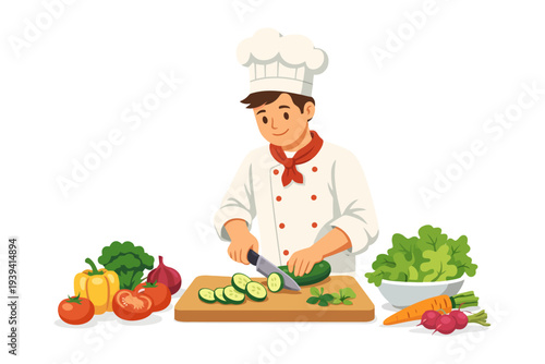 Male chef preparing vegetables in kitchen with fresh ingredients.