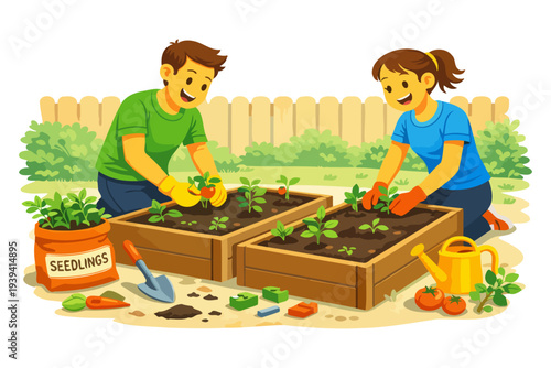 Young caucasian couple gardening together with seedlings and tools in backyard.