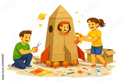 Children enjoy creative rocket crafting with cardboard and colorful materials.